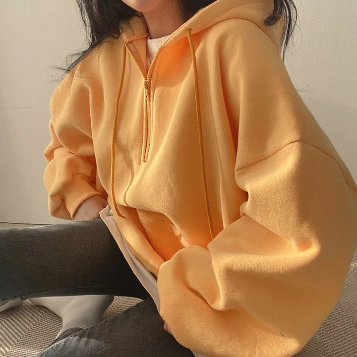 Women Hoodie Harajuku Loose Oversized Solid Color Top Half Zip Up Sweatshirt