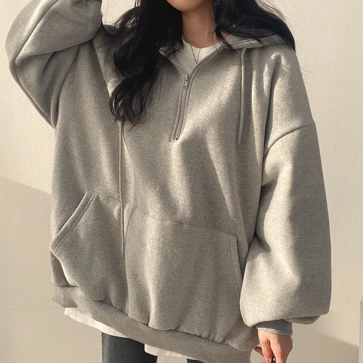 Women Hoodie Harajuku Loose Oversized Solid Color Top Half Zip Up Sweatshirt