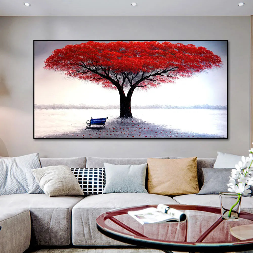 Nordic Romantic Red Tree Landscape Modern Art