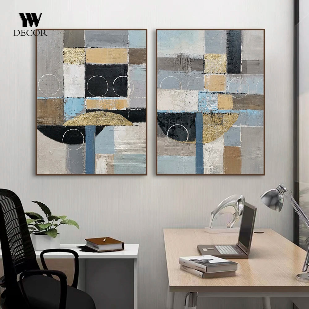 Abstract Modern Geometry Blue Gold Line Canvas Painting Wall Art Poster For Living Room Nordic Decor Cuadros Gifts