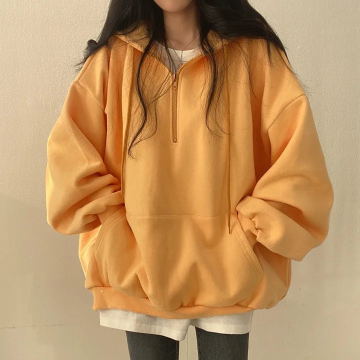 Women Hoodie Harajuku Loose Oversized Solid Color Top Half Zip Up Sweatshirt