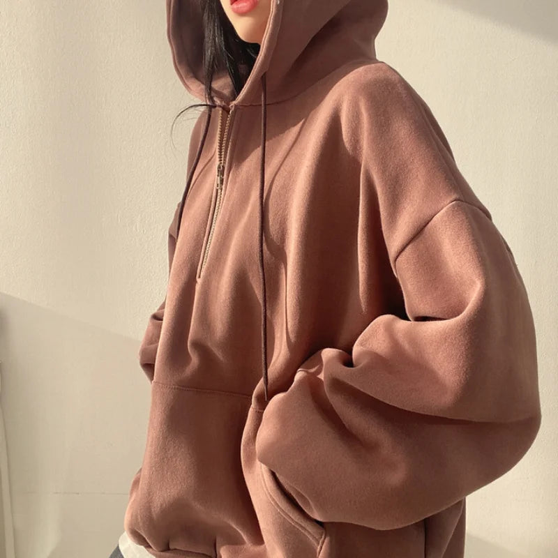 Women Hoodie Harajuku Loose Oversized Solid Color Top Half Zip Up Sweatshirt