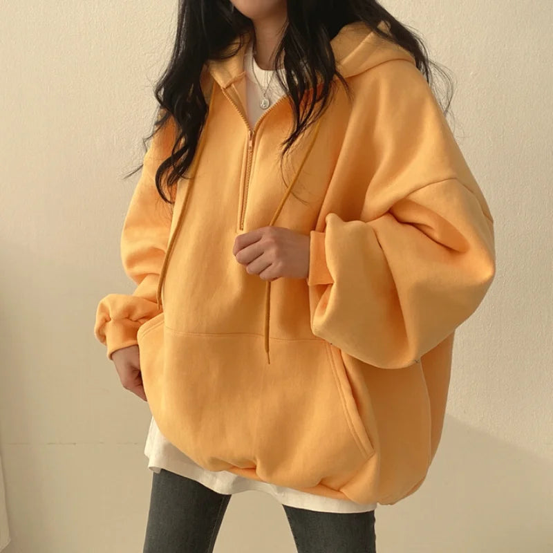 Women Hoodie Harajuku Loose Oversized Solid Color Top Half Zip Up Sweatshirt