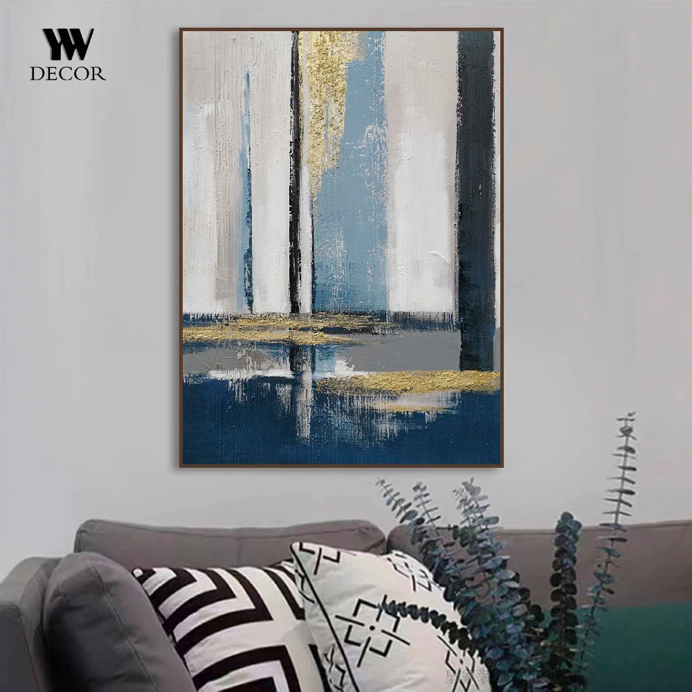 Abstract Modern Geometry Blue Gold Line Canvas Painting Wall Art Poster For Living Room Nordic Decor Cuadros Gifts