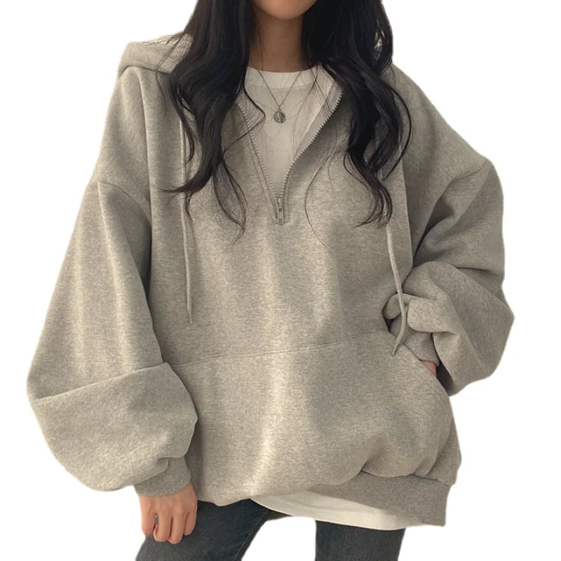 Women Hoodie Harajuku Loose Oversized Solid Color Top Half Zip Up Sweatshirt