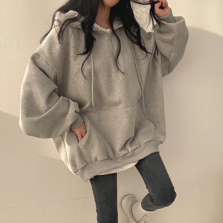 Women Hoodie Harajuku Loose Oversized Solid Color Top Half Zip Up Sweatshirt