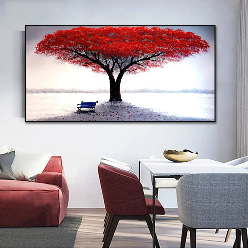 Nordic Romantic Red Tree Landscape Modern Art