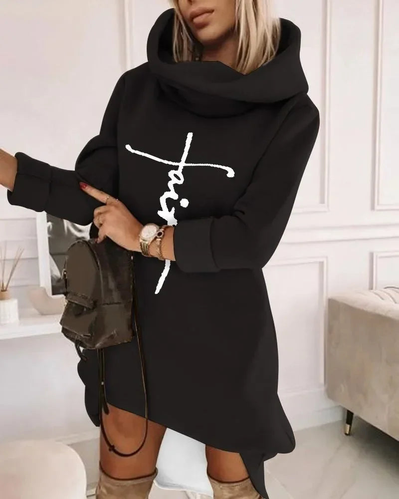 High Neck Long Sleeve Sweatshirt Casual Dress Women Hoodie