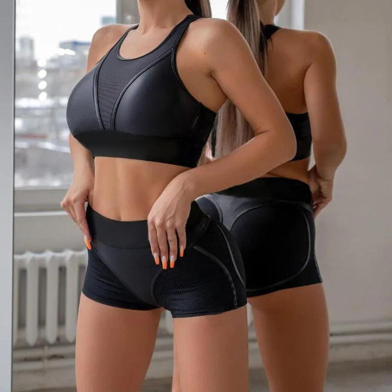 Mesh Gym Sets Womens Outfits Sexy Sport Bra Shorts Set Summer 2024 model