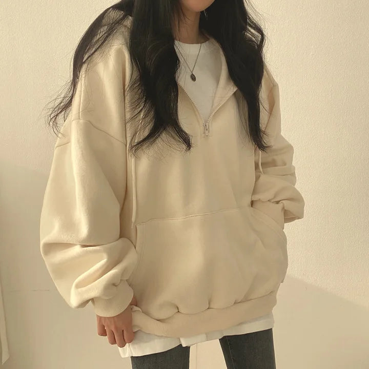 Women Hoodie Harajuku Loose Oversized Solid Color Top Half Zip Up Sweatshirt