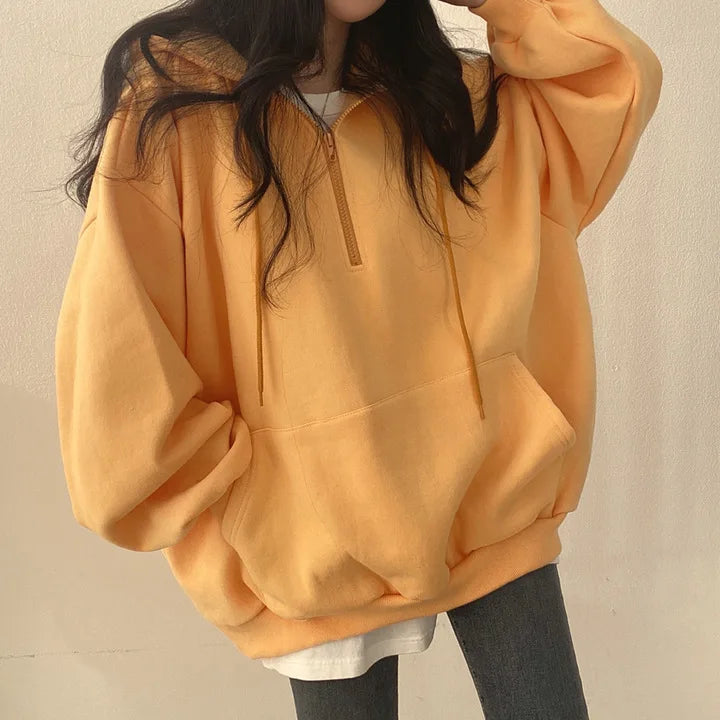 Women Hoodie Harajuku Loose Oversized Solid Color Top Half Zip Up Sweatshirt