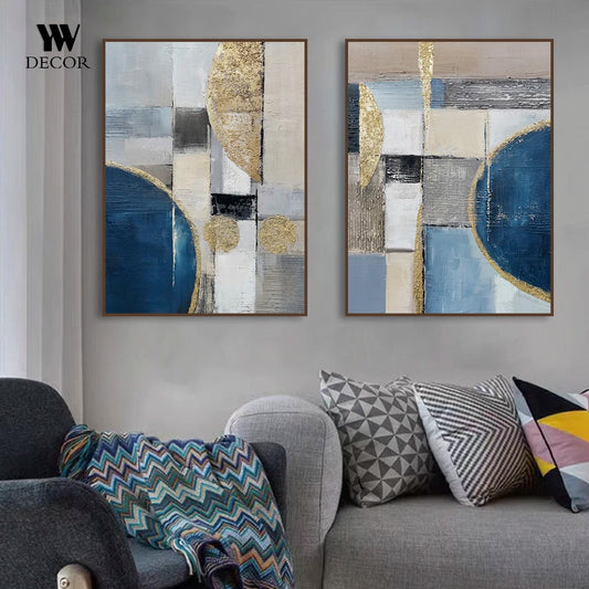 Abstract Modern Geometry Blue Gold Line Canvas Painting Wall Art Poster For Living Room Nordic Decor Cuadros Gifts