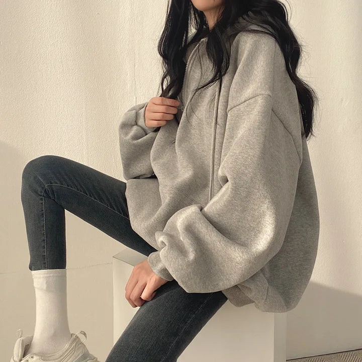 Women Hoodie Harajuku Loose Oversized Solid Color Top Half Zip Up Sweatshirt