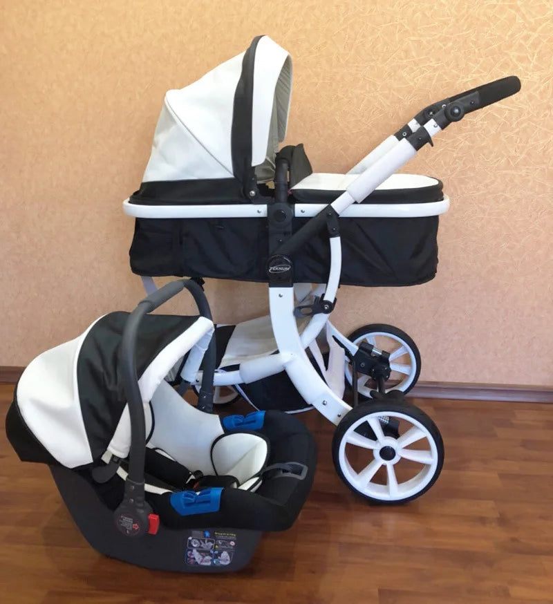 Luxury Baby Stroller 3 in 1,2024 New PU Leather Baby Stroller and Car Seat, High Landscape Portable Pushchair,White Pram